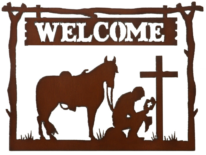 Rustic Welcome Praying Cowboy Sign