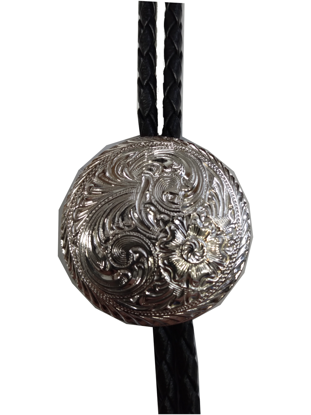 Round Silver Engraved Bolo Tie - AC83
